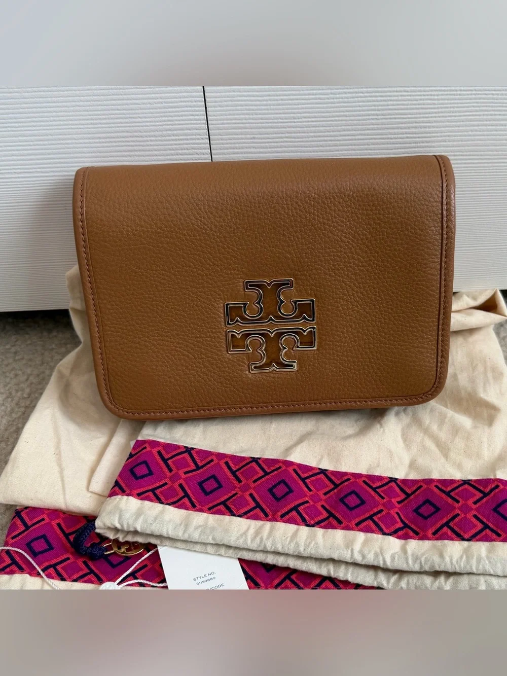 Tory Burch Caramel Tan Leather Crossbody with Gold Logo